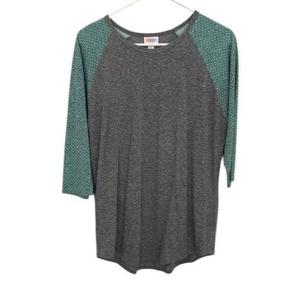 LuLaRoe Randy, Gray Bodice, and Green Polka Dot Raglan Sleeves, XL - Picture 1 of 8